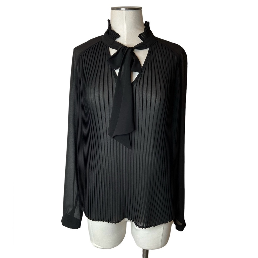 WHOWHATWEAR Sheer Accordion Pleat Tie Neck Blouse